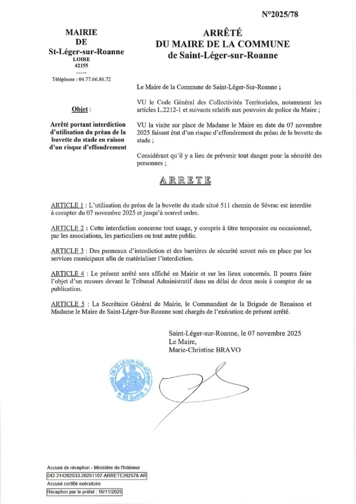ARRÊTÉ PORTANT INTERDICTION D’UTILISATION DU PRÉAU DE LA BUVETTE DU STADE